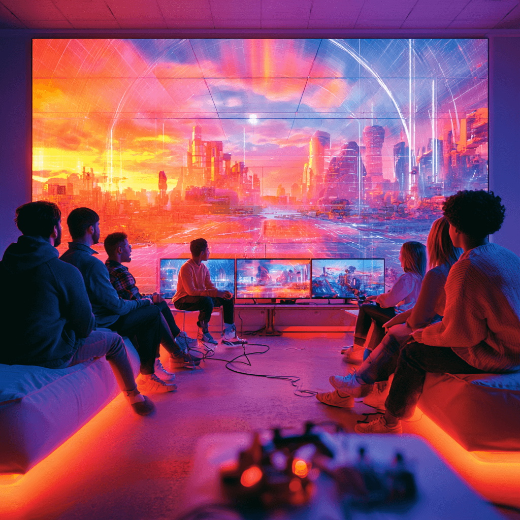 Gamers viewing a futuristic city scene on a large display