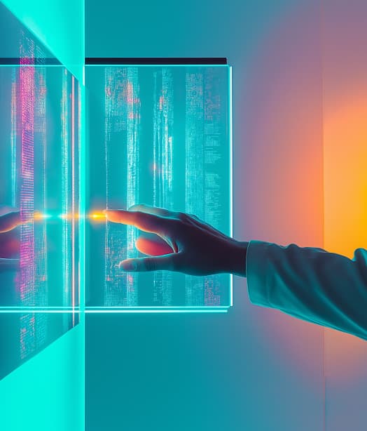 A hand interacting with a futuristic digital display