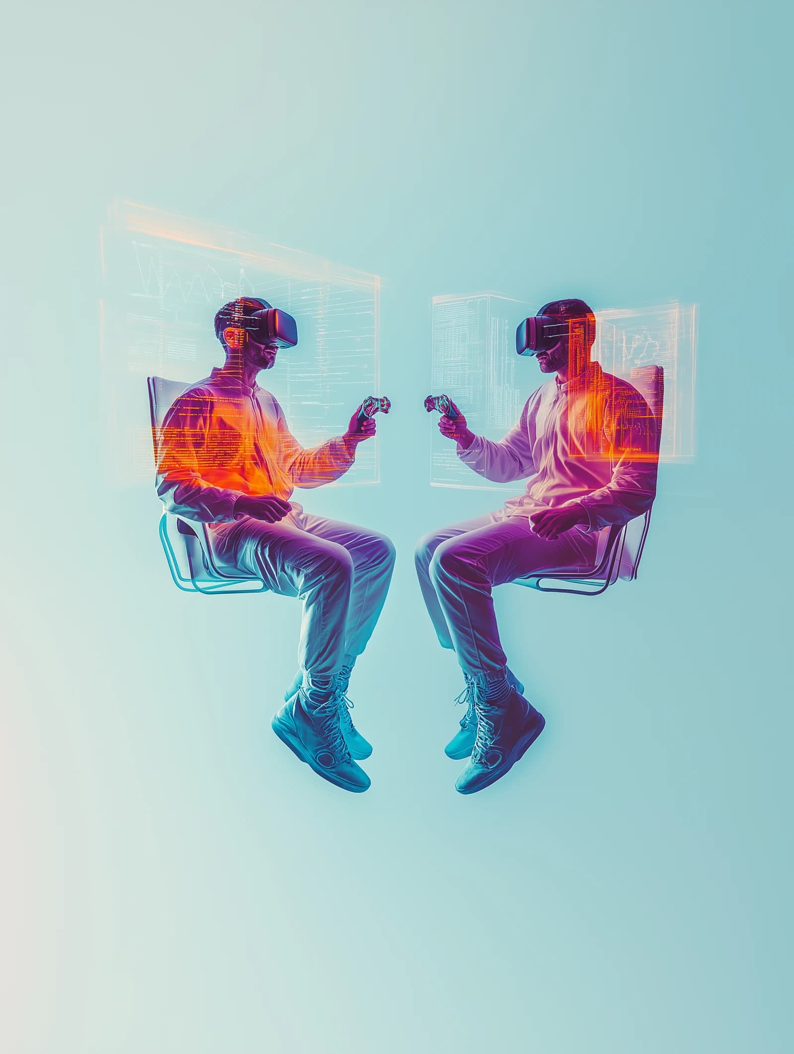 Two players wearing VR headsets facing each other, controllers in hand