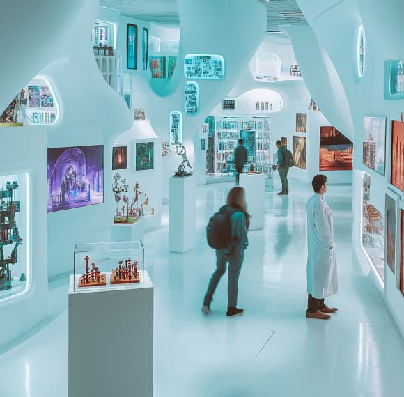 People exploring a bright exhibition of games, technology, and play