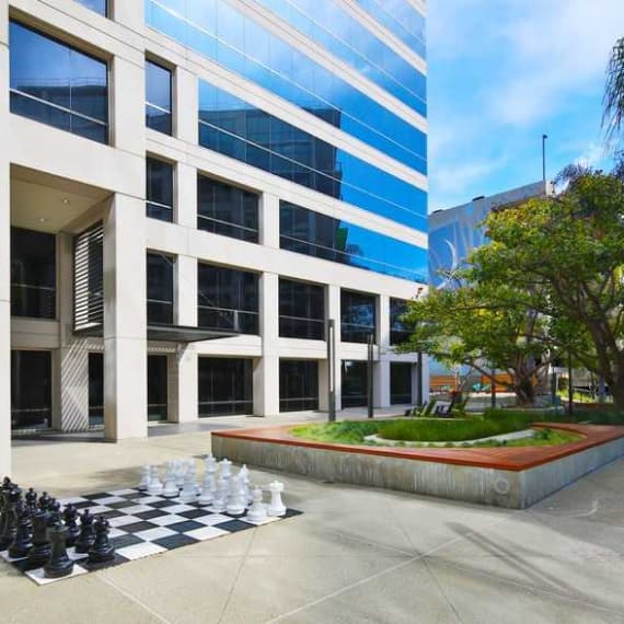 Courtyard outside Interpret’s play labs, with an outdoor chess set